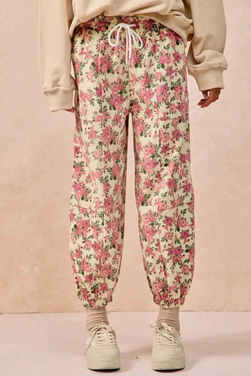 BiBi Floral Printed Twill Drawstring Pants With Elastic Band CREAM PINK baae0d2708d14bbaa2272b868457d083-Max-Origin