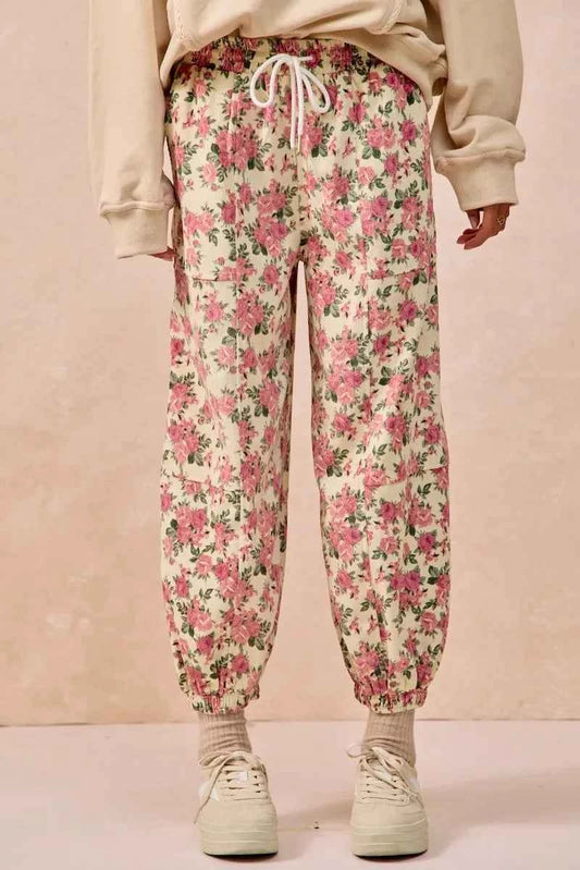 BiBi Floral Printed Twill Drawstring Pants With Elastic Band CREAM PINK baae0d2708d14bbaa2272b868457d083-Max-Origin