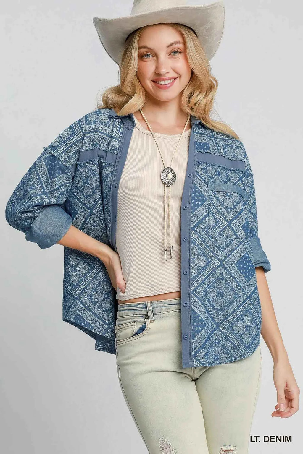Umgee Paisley Print Denim Shirt Jacket bab4785d-7df6-43fd-b082-2e0ab53f3560-Max-Origin