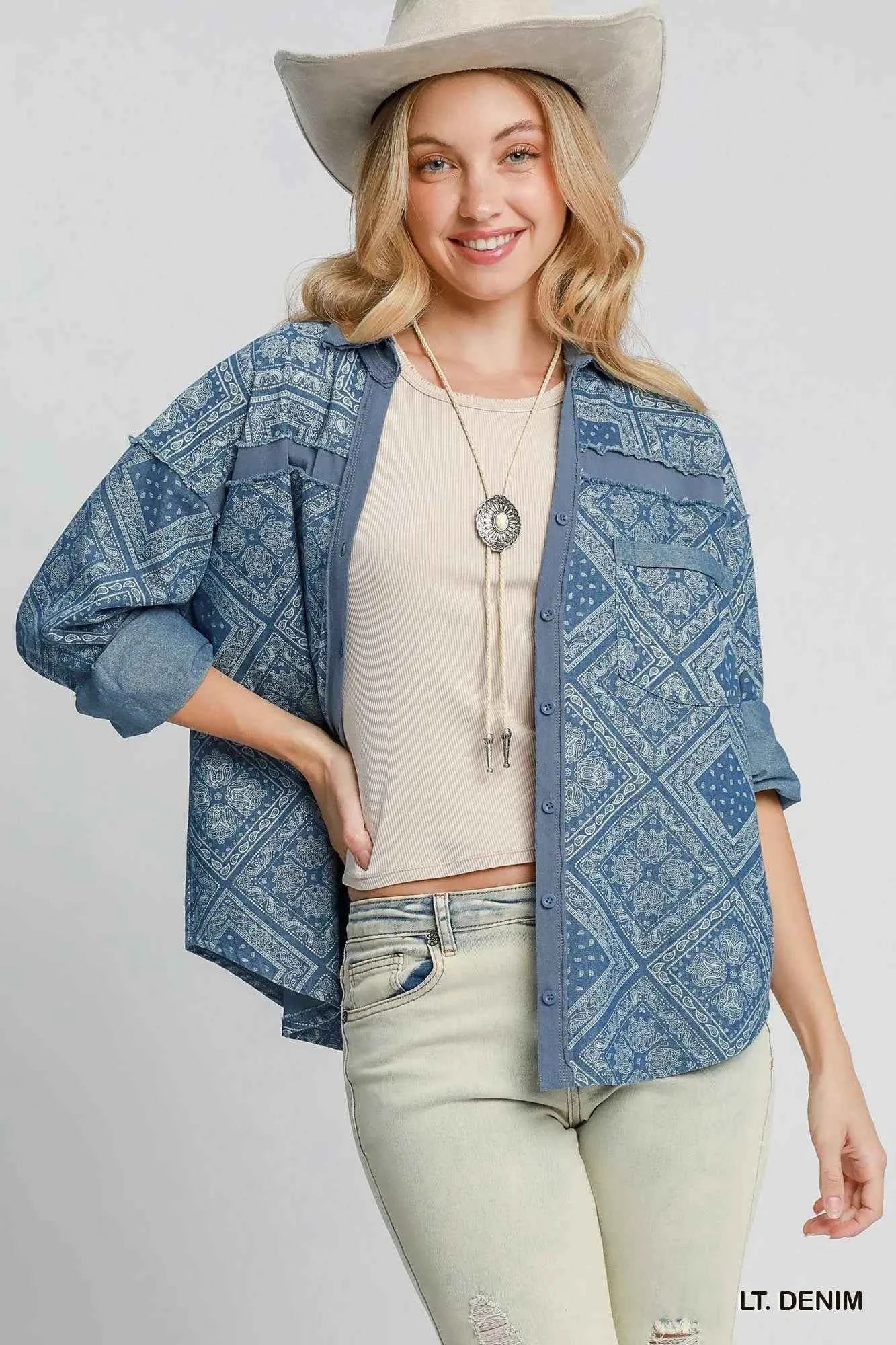 Umgee Paisley Print Denim Shirt Jacket bab4785d-7df6-43fd-b082-2e0ab53f3560-Max-Origin