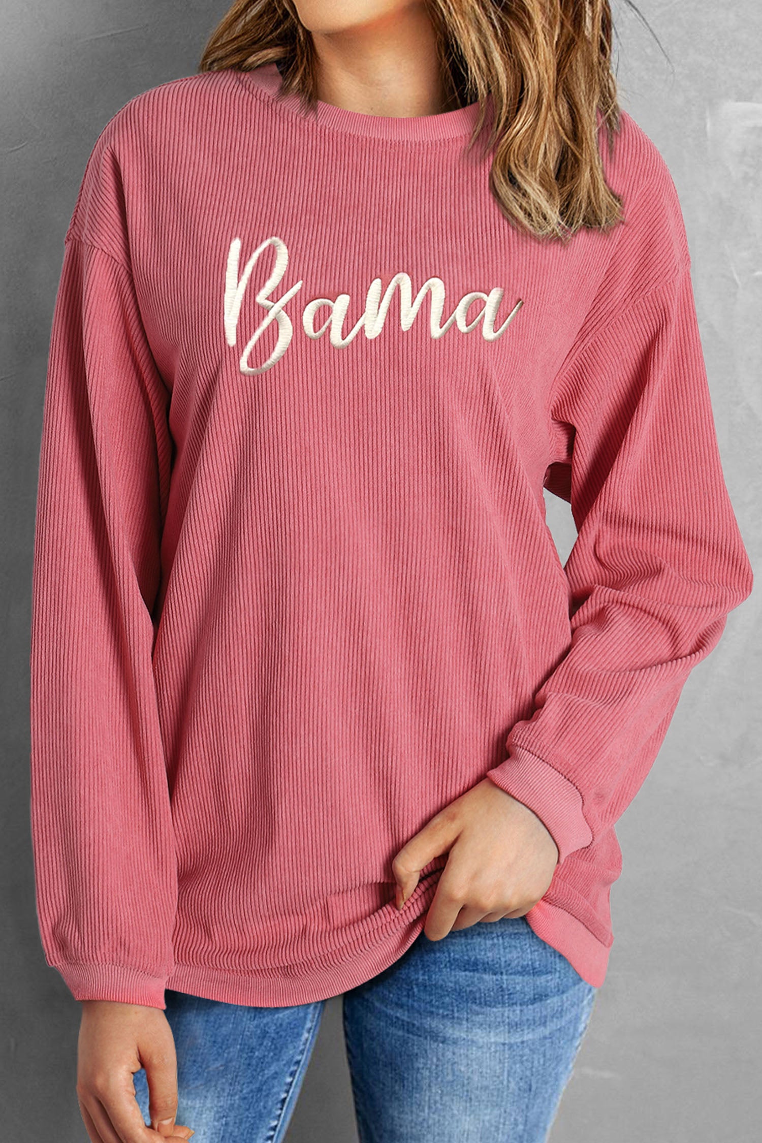 Strawberry Pink Corded Ribbed Bama Embroidered Letter Graphic Sweatshirt bab56abe81c6c3e6