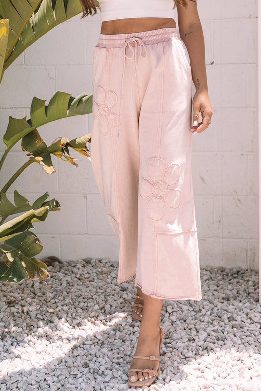 Pink Flower Patch Mineral Washed Terry Knit Cropped Wide Leg Pants bab74b0fa67ad238