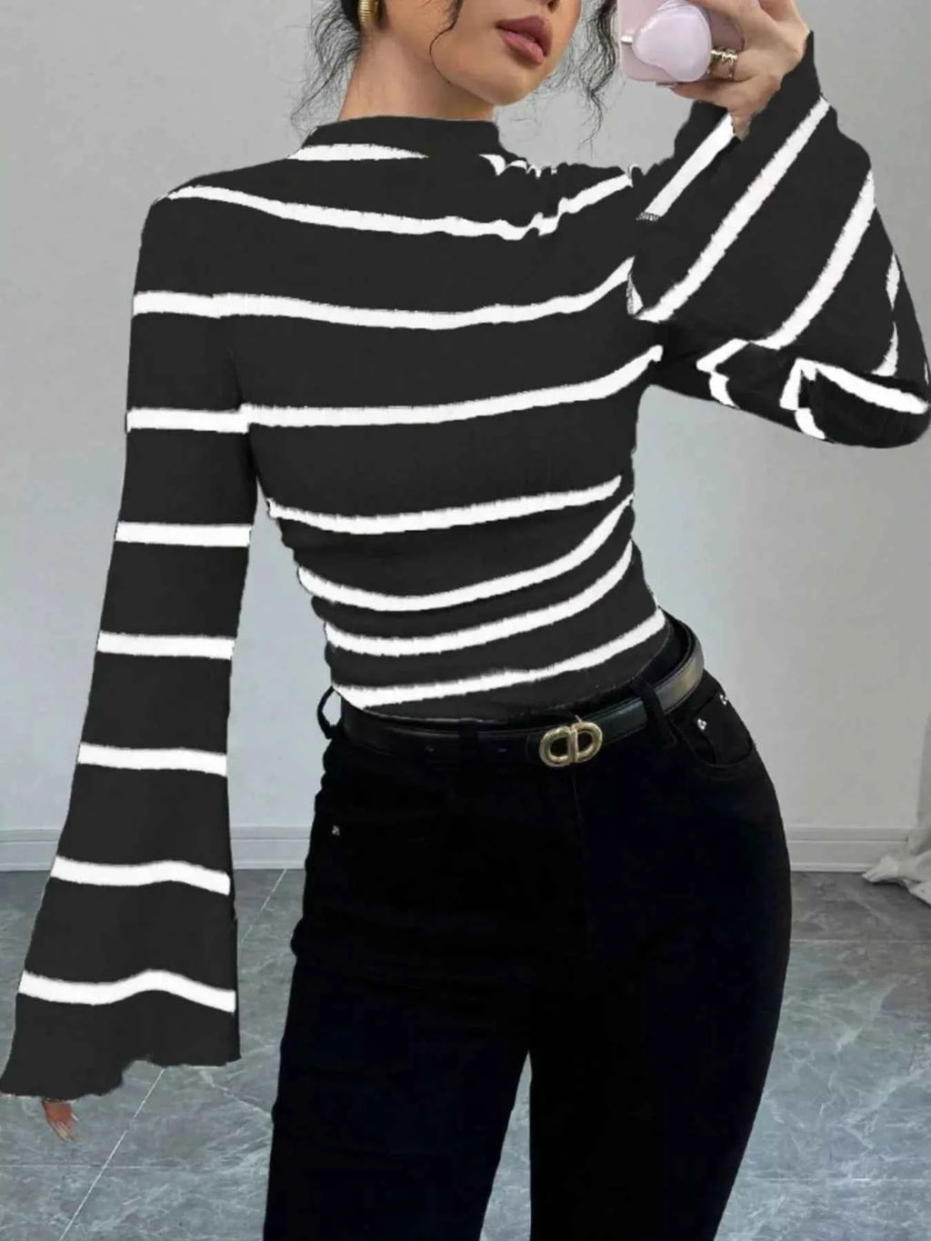 Striped Mock Neck Flare Sleeve Knit Top babbd1ec-ff2d-4de5-ae22-ab70f0985b16-Max-Origin