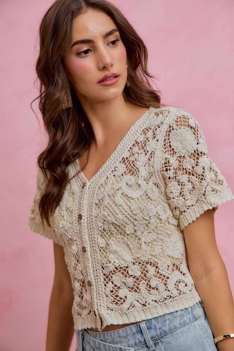 SO ME Floral Crochet Lace Button Down Cardigan bac741f9a25b49ab8040fc7a0025d00a-Max
