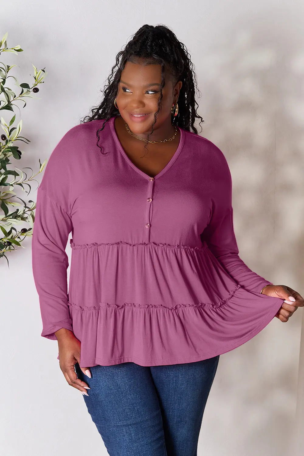 Double Take Half Button Long Sleeve Ruffle Hem Blouse Lilac bacbf3a8d4d74e29940f65469d506df3-Max