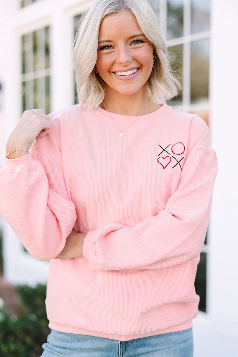 Pink 3d Ribbed XOXO Heart Embroidered Drop Shoulder Sweatshirt bacf114f9f447ae7