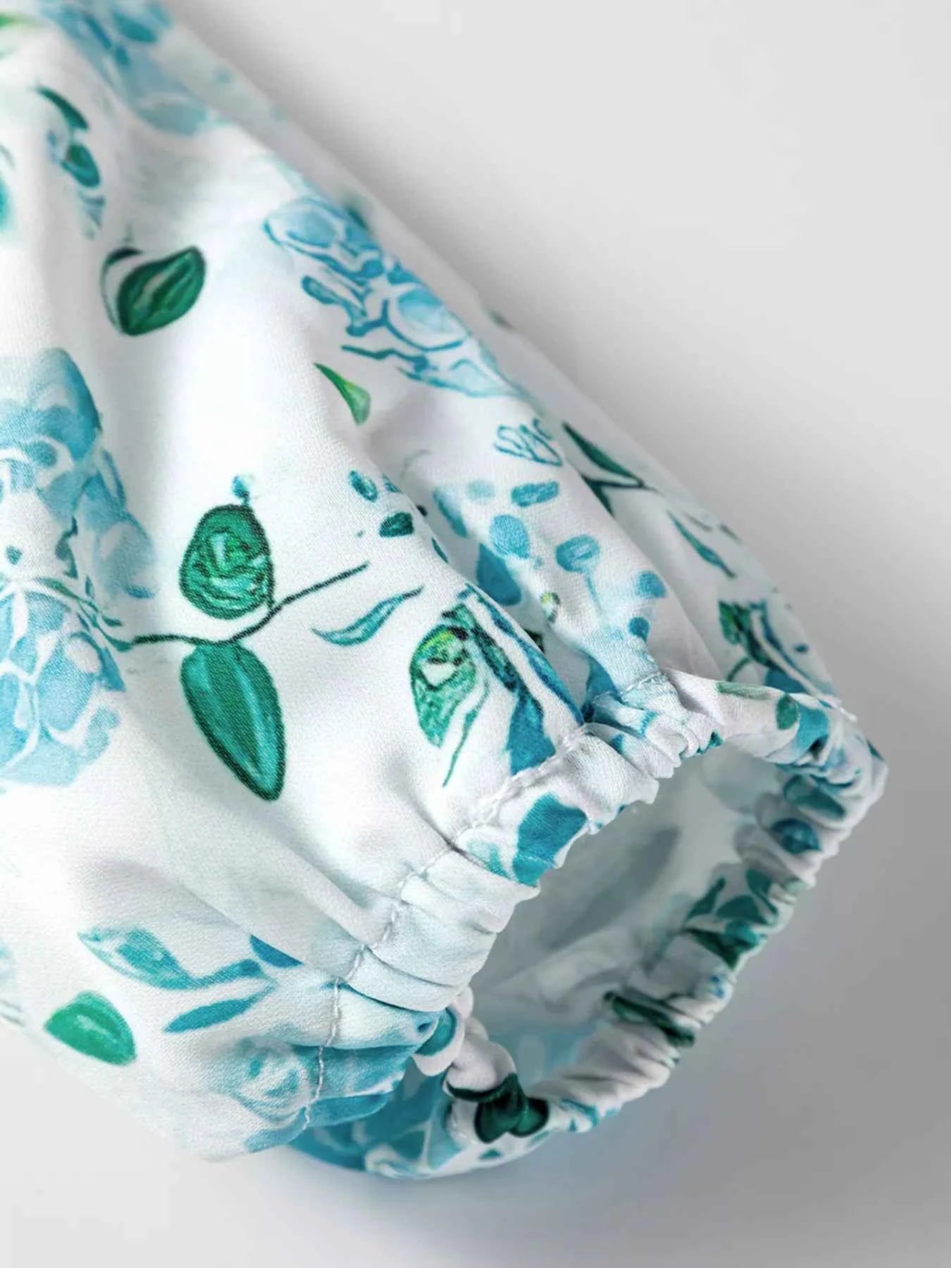 Floral Print Frilled Trim Tie Neck Elastic Cuffs Long Sleeve Blouse bad2369b37b74db5ba78fec37bab6bfe-Max-Origin