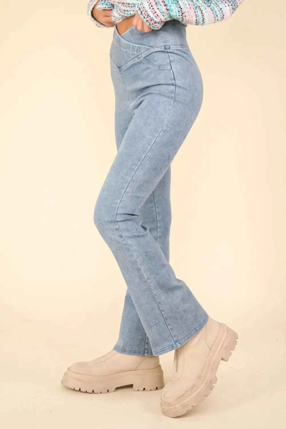 VERY J Washed Denim Stretchy Crossover Waist Leggings bad3c638-febe-428e-bab2-17510a70cc52-Max