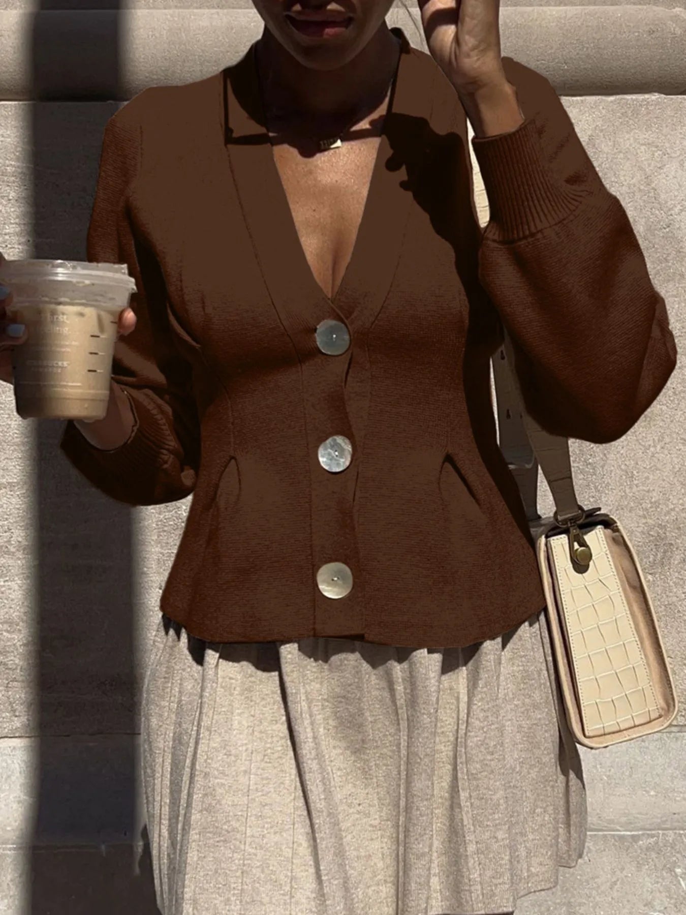 Button-Up V-Neck Knit Cardigan Brown bad72b20-232e-401f-aa8b-08ba977e0cfd-Max-Origin