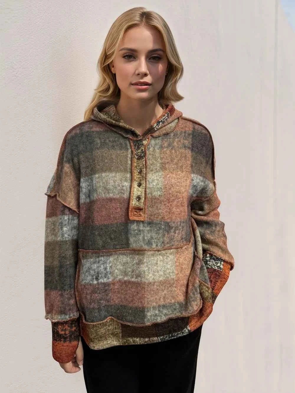 Double Take Full Size Plaid Dropped Shoulder Fleece Hoodie Tangerine badaa743-e61b-4ddb-a1e1-d175d2e8b4fc-Max