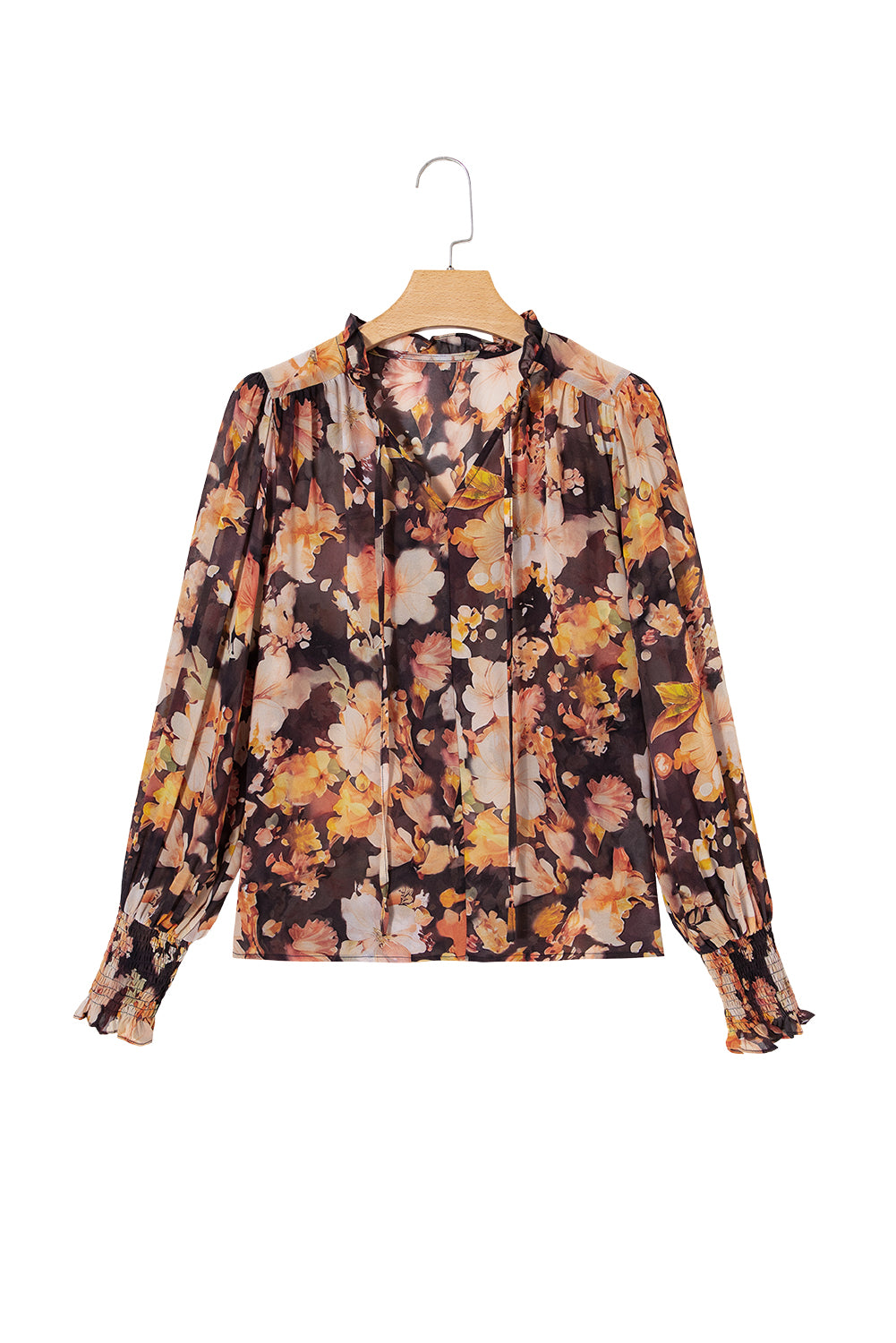 Black Floral V Neck Long Puff Sleeve Breezy Blouse badc30ec55686082