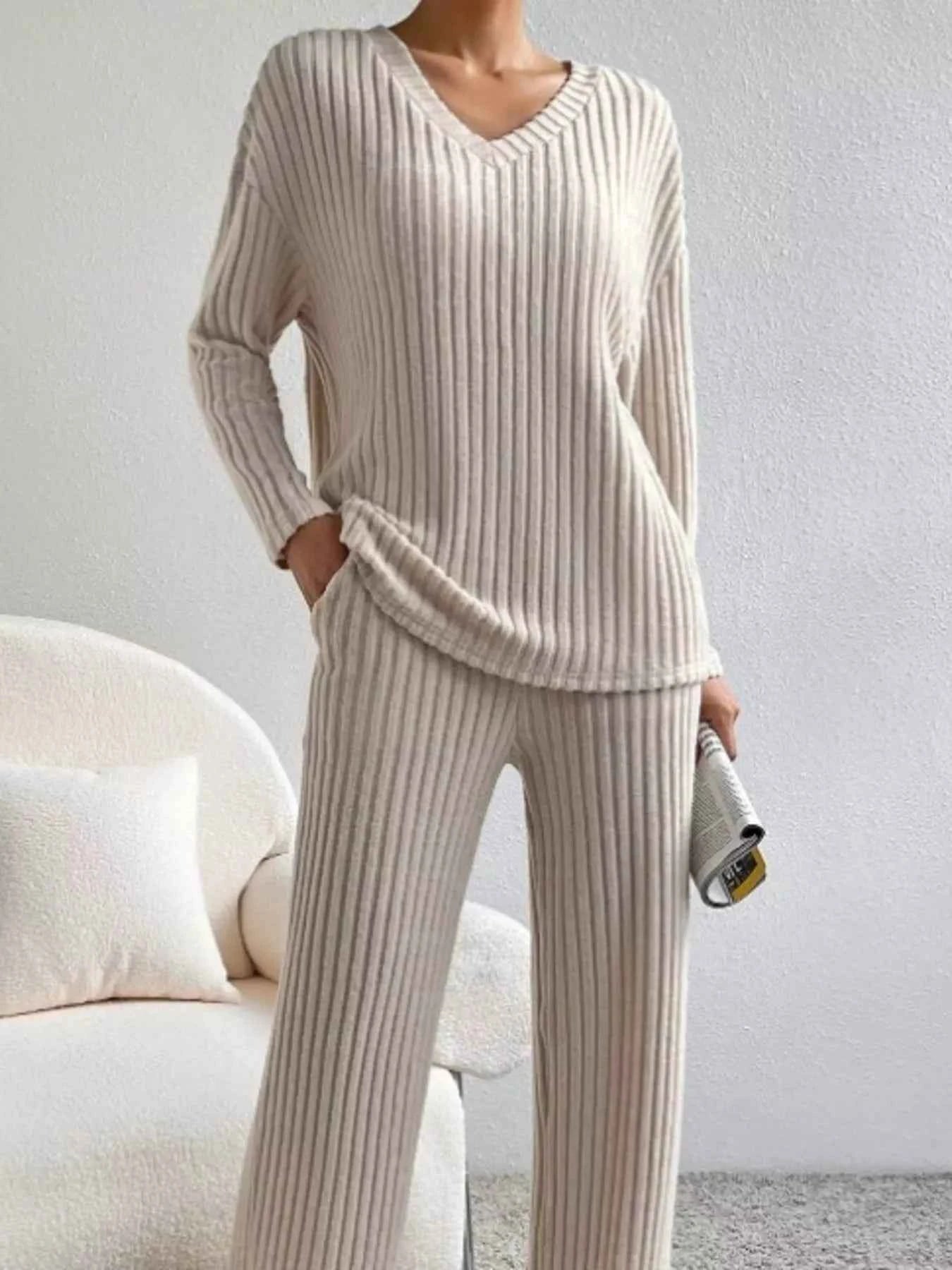 Ribbed V-Neck Top and Pants Set bae25032b47e4768ad639593f268a47f-Max-Origin