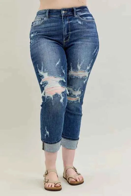 Judy Blue Full Size Mid Rise Cuffed Destroy Bf Jeans Plus Size bae39fa9-d9bd-4256-ba77-ebdb87a1690e-Max-Origin