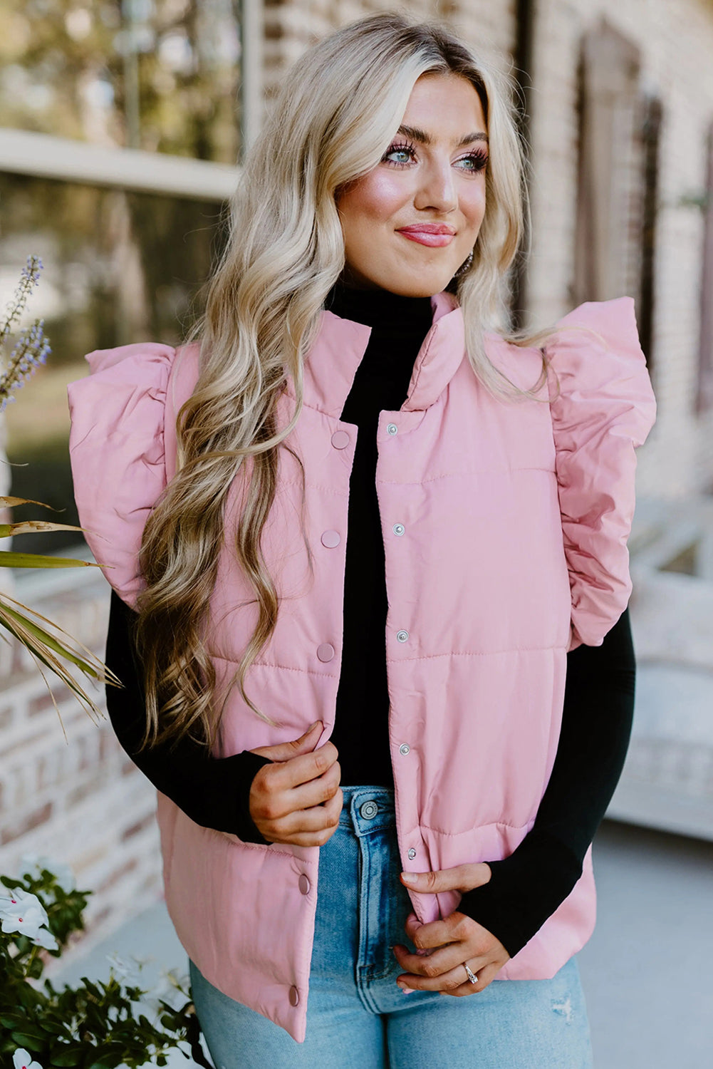 Pink Stand Neck Flutter Sleeve Snap Button Puffer Vest bae9ba1d56c55f6e