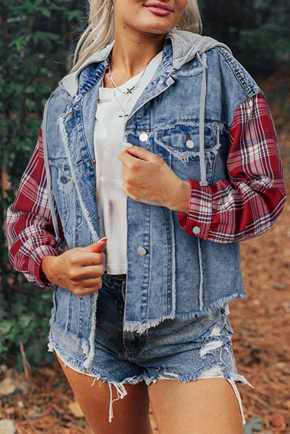 Beau Blue Plaid Print Patchwork Hooded Raw Hem Denim Jacket Beau Blue 83%Cotton+17%Polyester baeb090afa690f7e