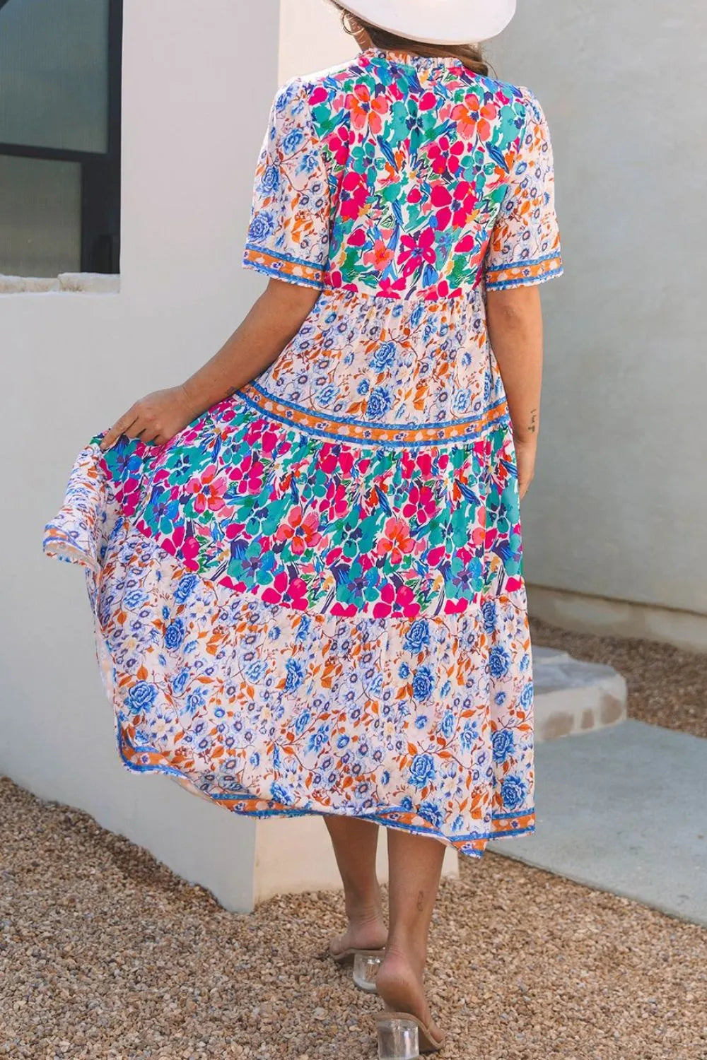 Mixed Floral Print Tie Neck Short Sleeve Dress baf03c45-0999-45f2-a34e-62e8894386d4-Max