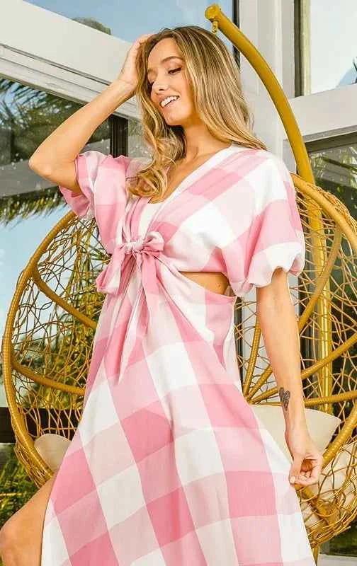 BiBi Front Tied Puff Sleeve Checkered Dress with Cut Out Detail baf21dcb-3d26-447a-95e3-bf9b596a3685-Max-Origin
