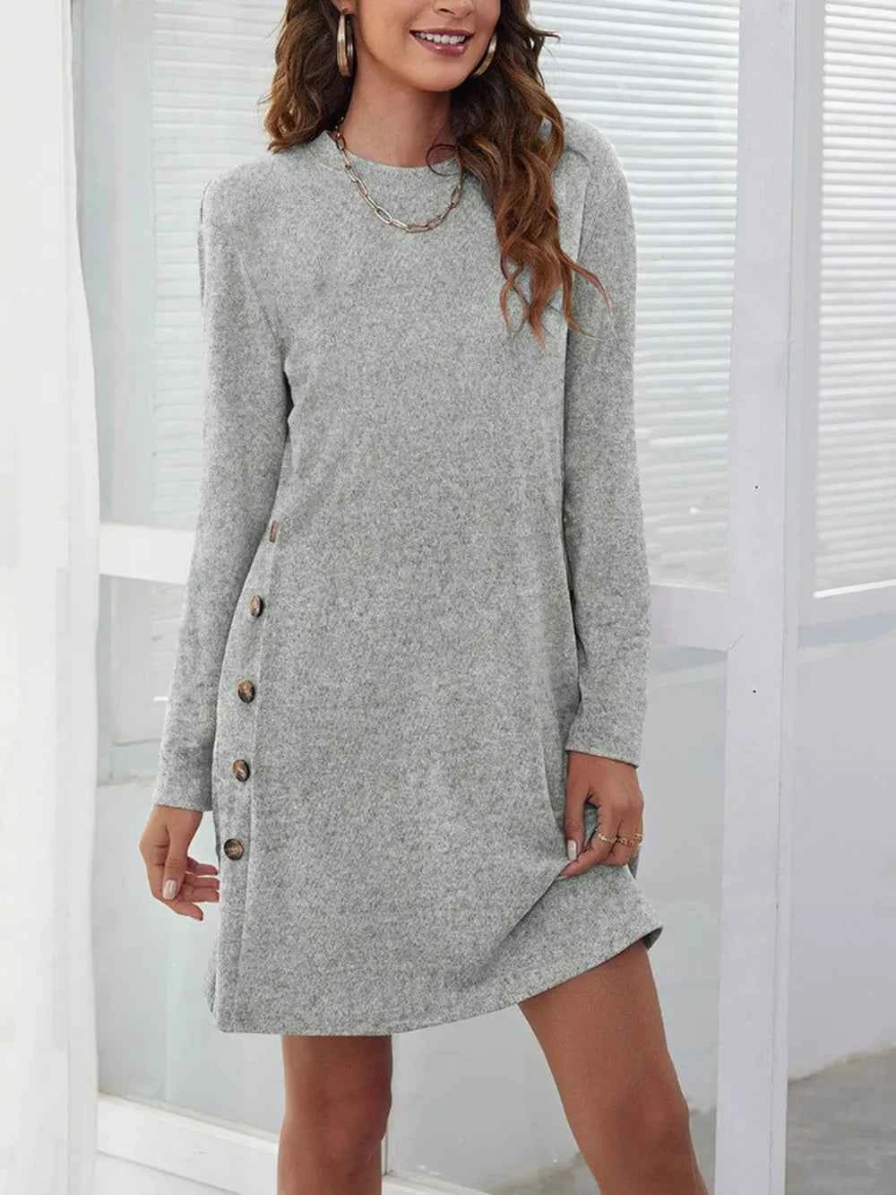 Decorative Button Round Neck Dress Gray bb006f48-71e0-420b-96e9-ed201cbc06e9-Max