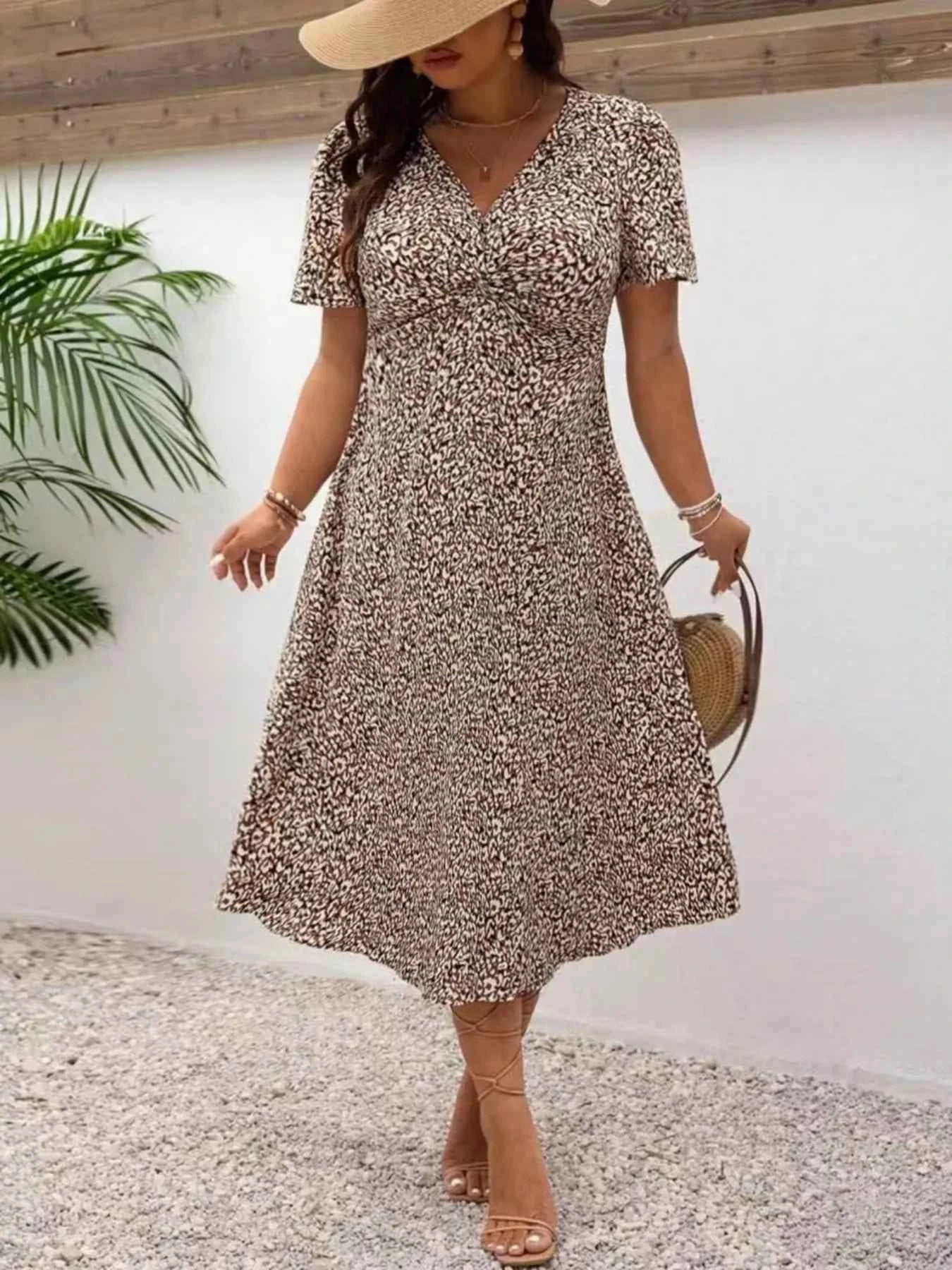 Plus Size Printed V-Neck Short Sleeve Midi Dress Coffee Brown bb037ffcf8fc4146aceca21398d880de-Max-Origin