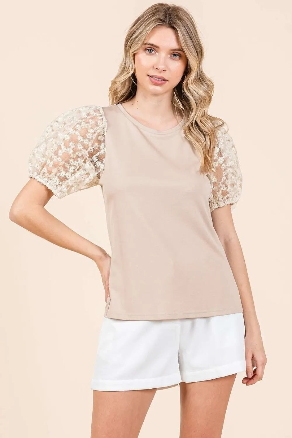 Mittoshop Round Neck Puff Short Sleeve Top Taupe bb06a55b-5ec4-49a0-ab88-24e3a8abd048-Max