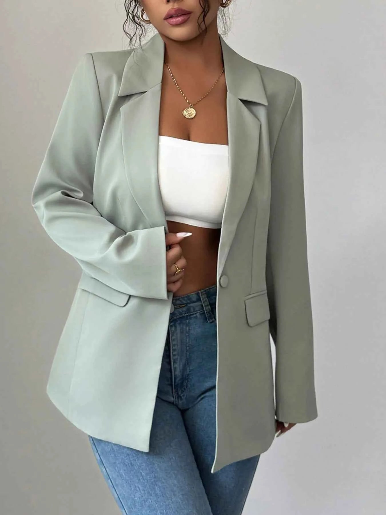 One Button Lapel Collar Blazer Green bb1074a8-7d60-4768-847c-15dc6373fe6e-Max-Origin