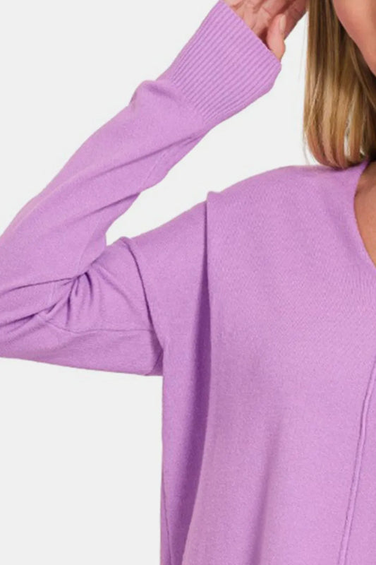 Zenana Slit V-Neck Dropped Shoulder Sweater bb1b544b-8a4f-4ffa-95b1-63d3f7c0d318-Max