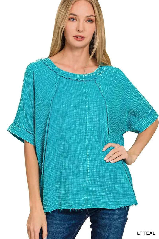 Zenana Washed Double Gauze Exposed Seam Short Sleeve Top LT TEAL bb1d73fc530b4a24925fb7768d5de257-Max-Origin