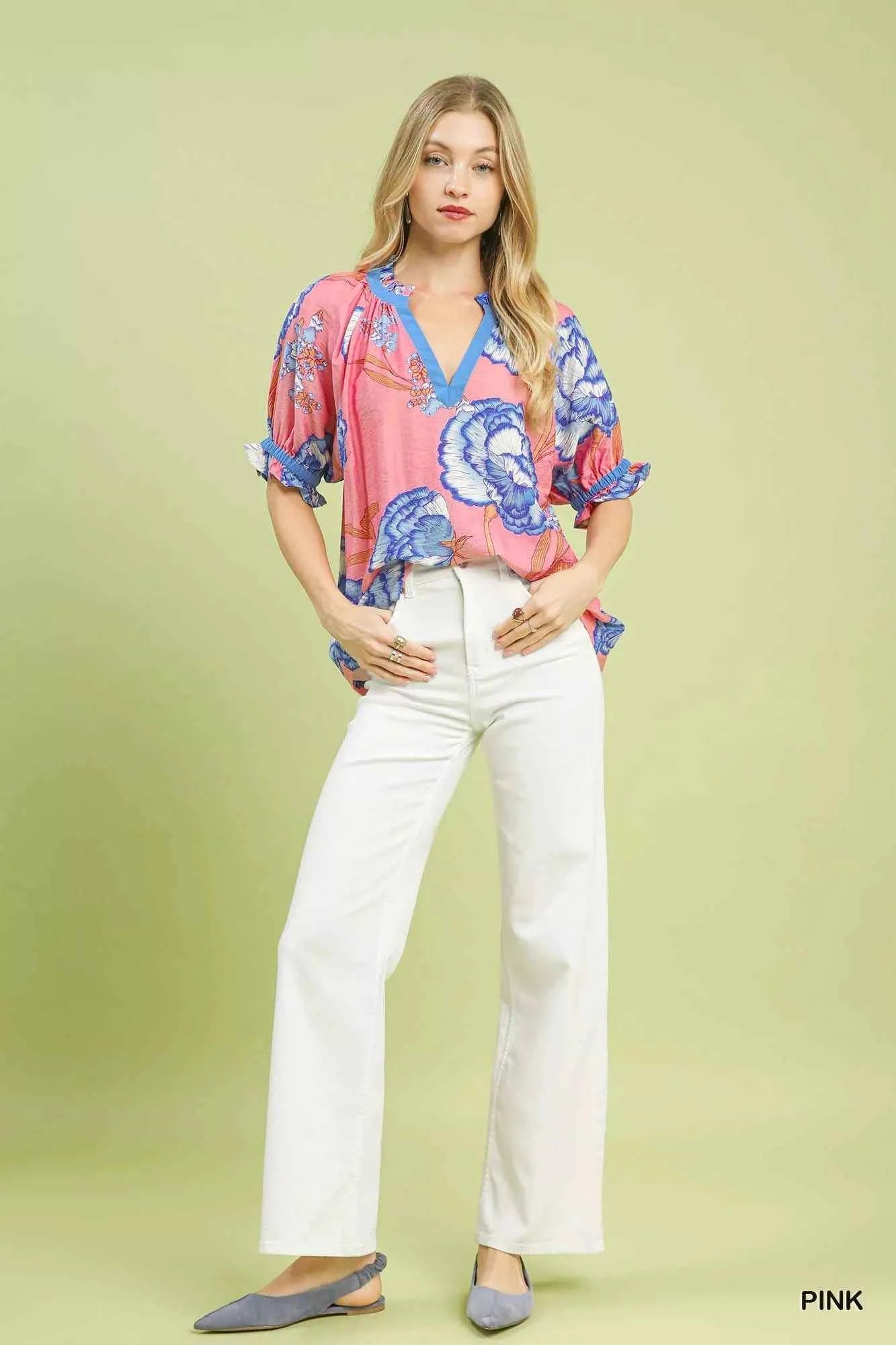 Umgee Floral V-Neck Puff Sleeve Blouse bb1e3467-71e1-465e-96b0-14ab9afee3f9-Max-Origin