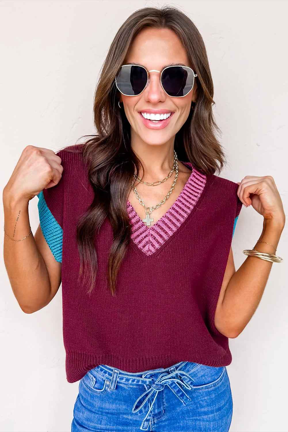 Burgundy Contrast Trim V Neck Cuffed Short Sleeve Loose Sweater bb28081532a0be25