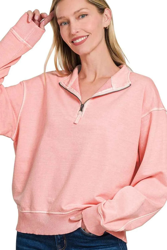 F/terry Pigment Dye & Enzyme Washing Half Zip Top DK PINK bb2b6d01-6ddc-4205-8e92-a06f4bad2d41-Max-Origin