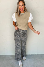 Light French Beige Round Neck Knit Contrast Short Sleeve Patchwork Sweater Top bb2ce215da1f84f5