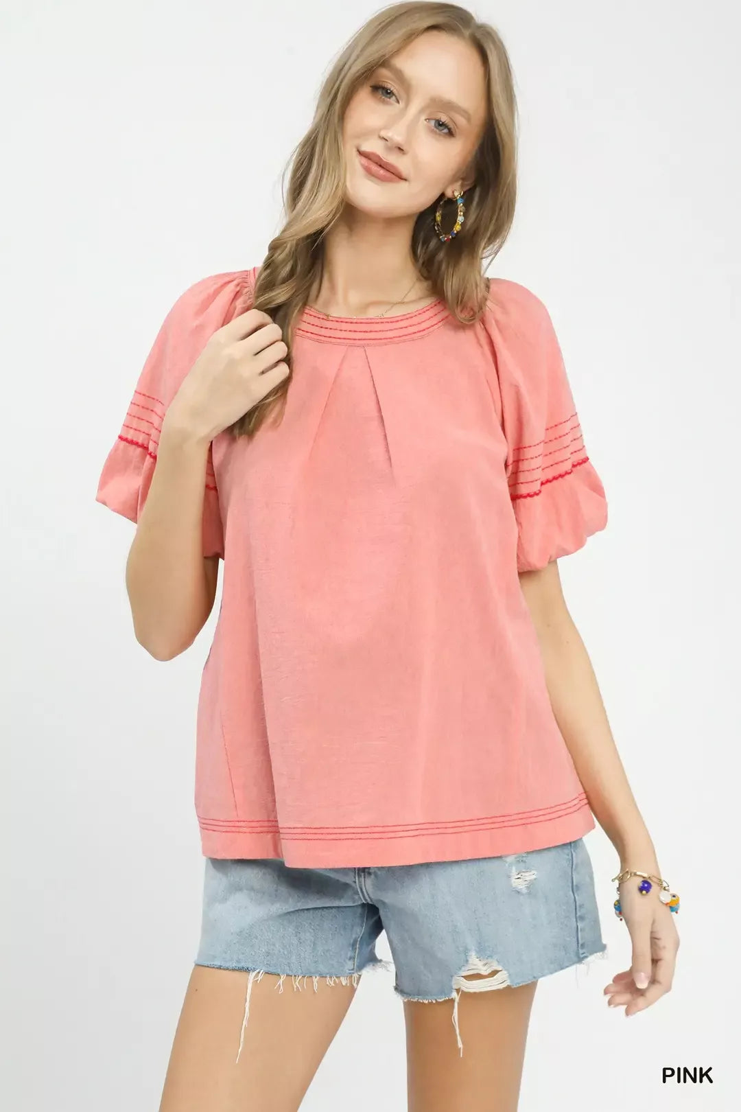 Umgee Round Neck Puff Sleeve Top with Contrast Stitch Detail PINK bb2da00e-010c-4674-aba8-5bd722245625-Max-Origin