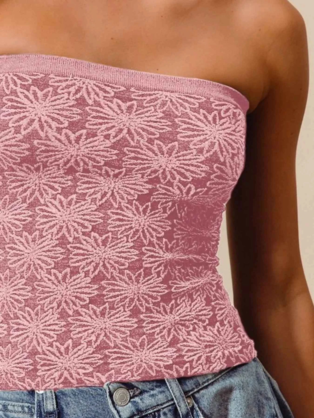 SO ME Jacquard Floral Two Tone Seamless Tube Top bb3101c3-0773-4579-b890-e4a2d65fbff3-Max-Origin