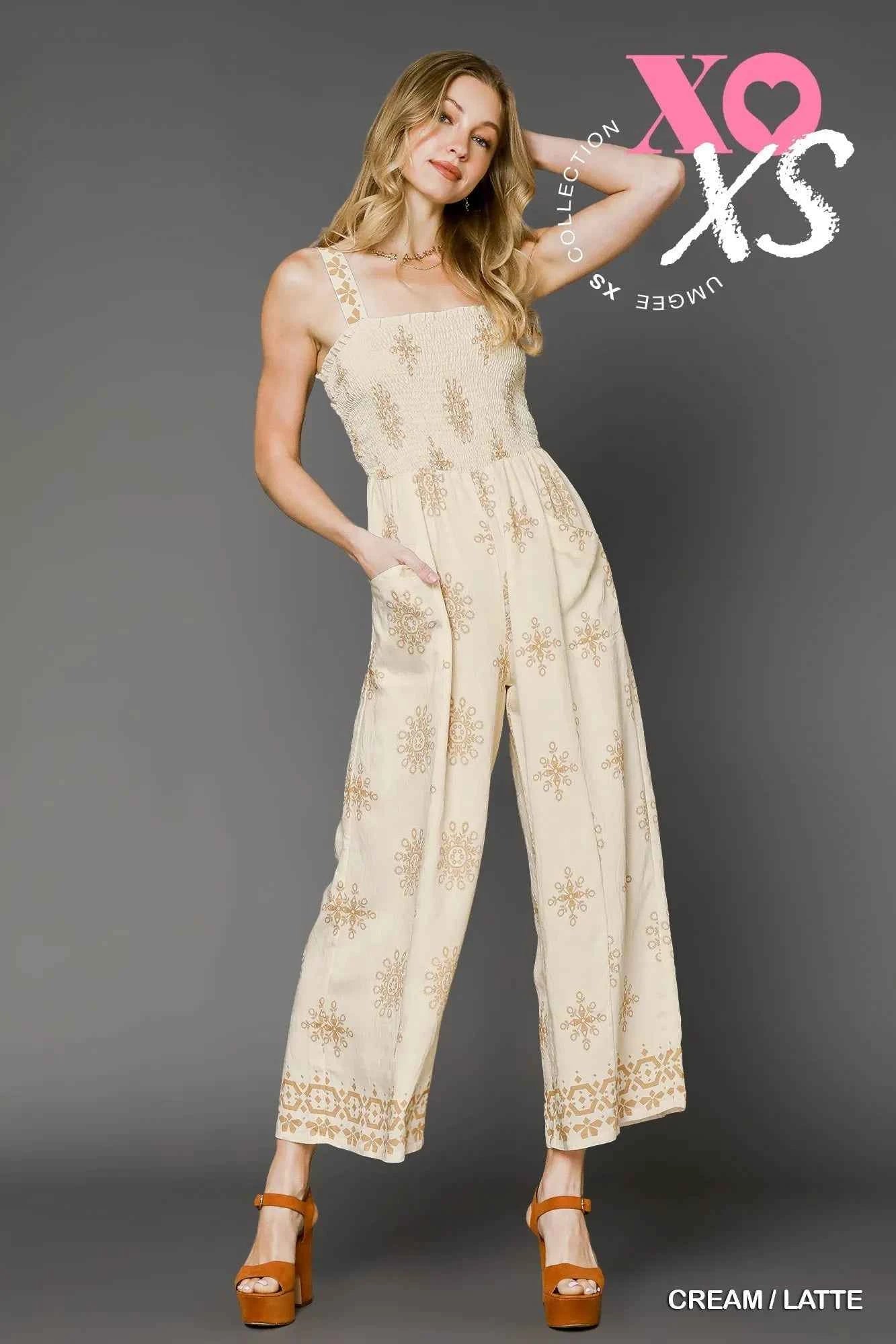 Umgee Smocked Printed Wide Leg Jumpsuit CREAM LATTE bb394c7c-ecb1-46b8-9bc5-796f44f3c947-Max-Origin