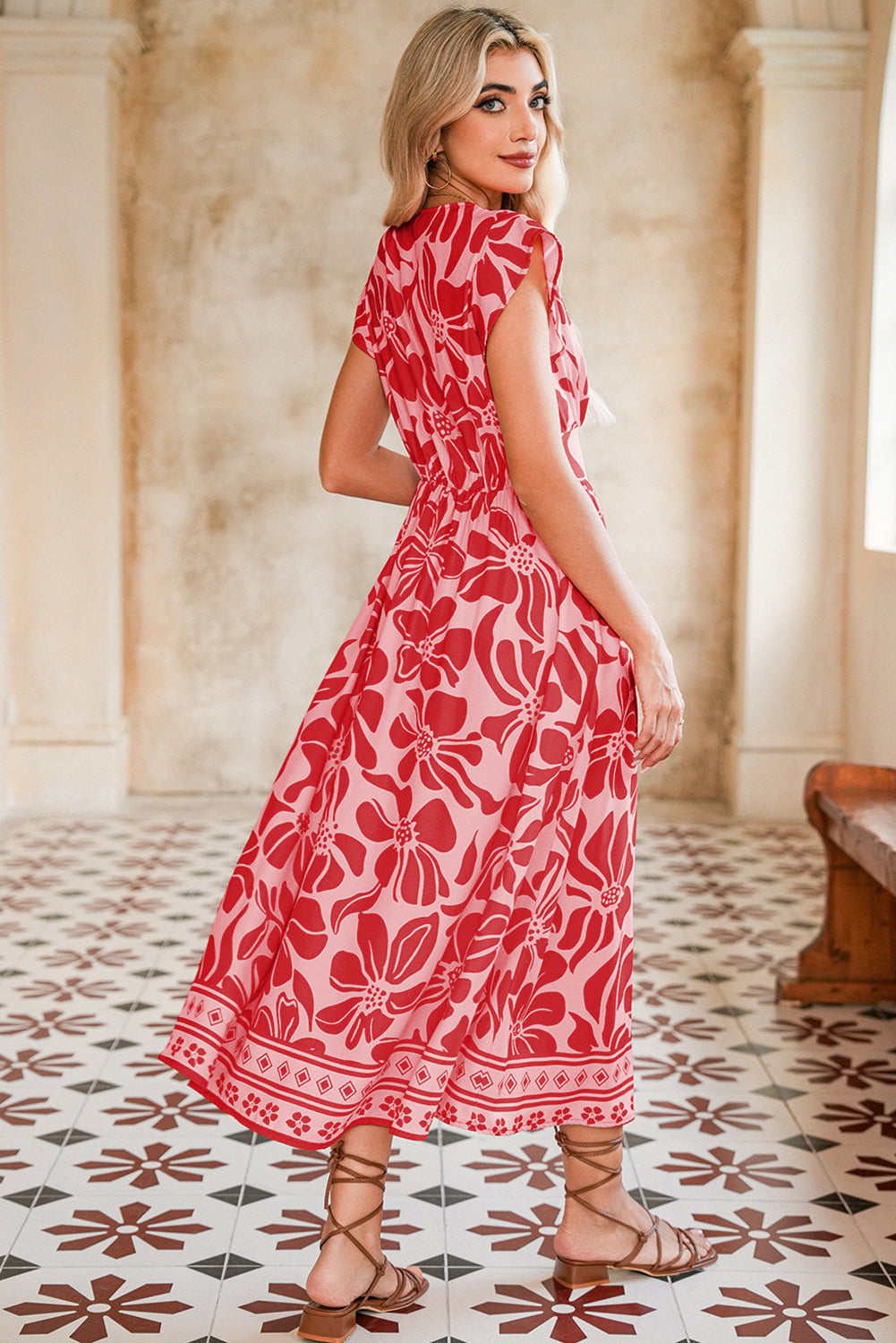 Red Boho Floral V-Neck Ruffle Shoulder Maxi Dress bb3a5edde18bd52f