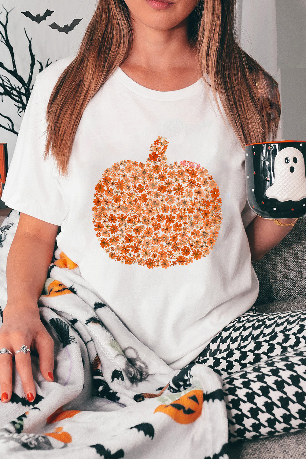 White Floral Pumpkin Custom Heat Transfer Printing Graphic Tee bb3cc2a51635a431