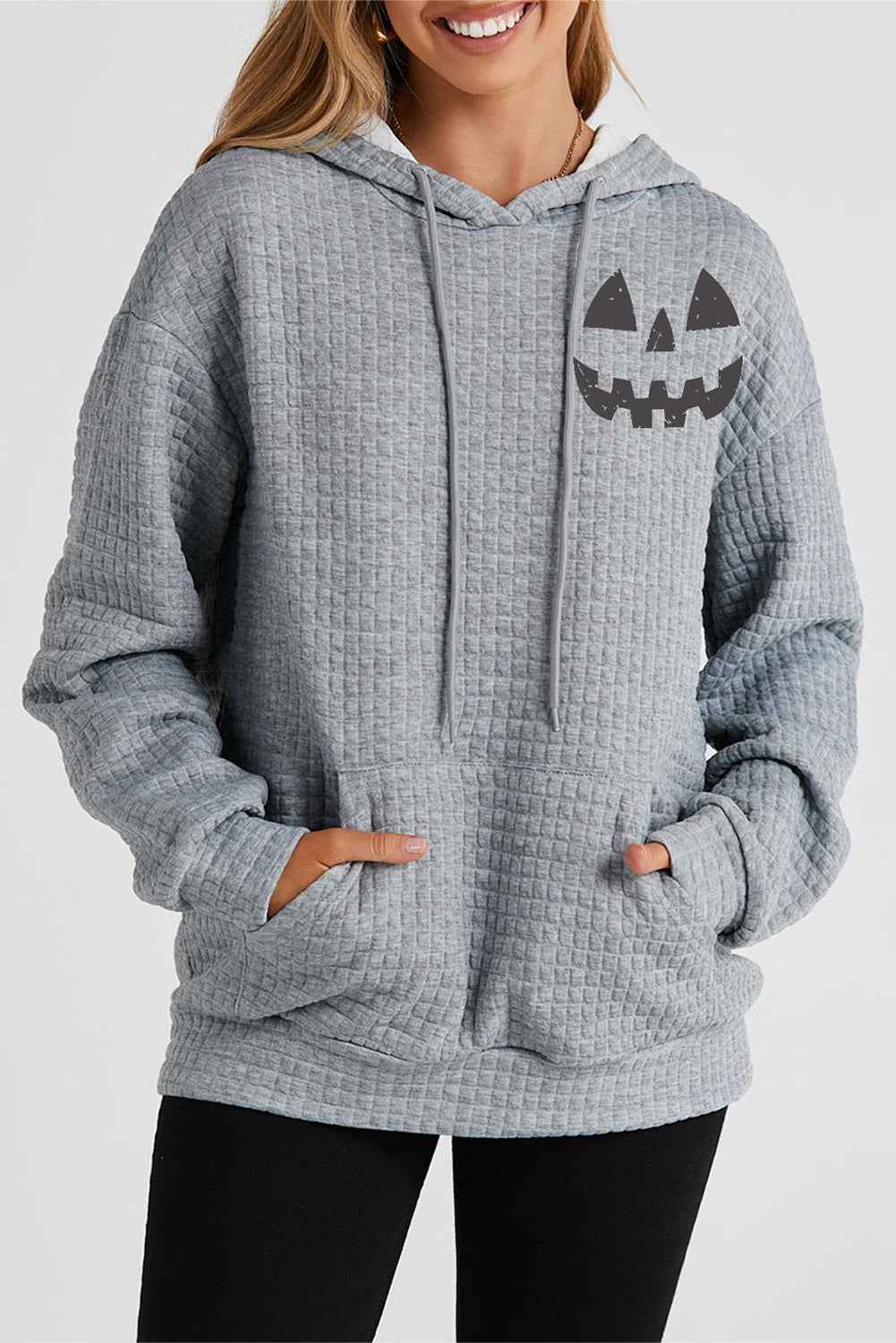 Pumpkin Face Graphic Drawstring Hoodie with Pocket Charcoal bb3ec021a7304455b4fe51e53b08b160-Max