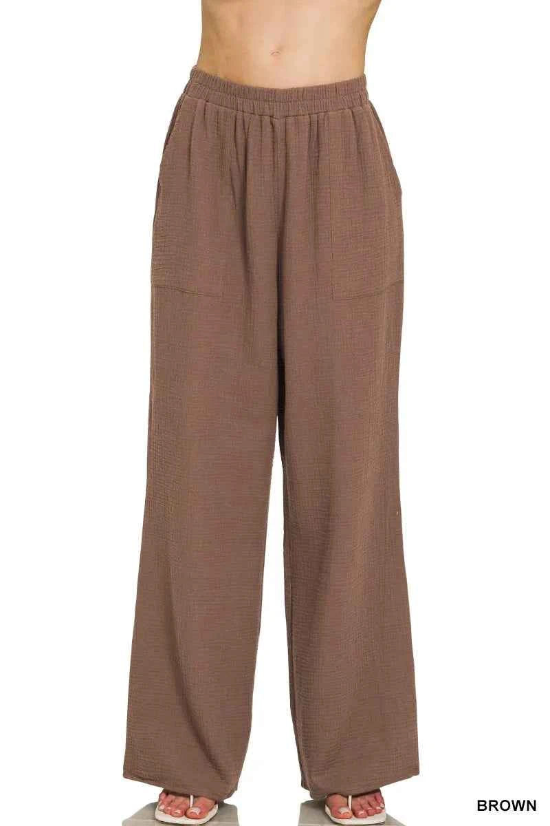 Zenana Double Gauze Elastic Band Pants