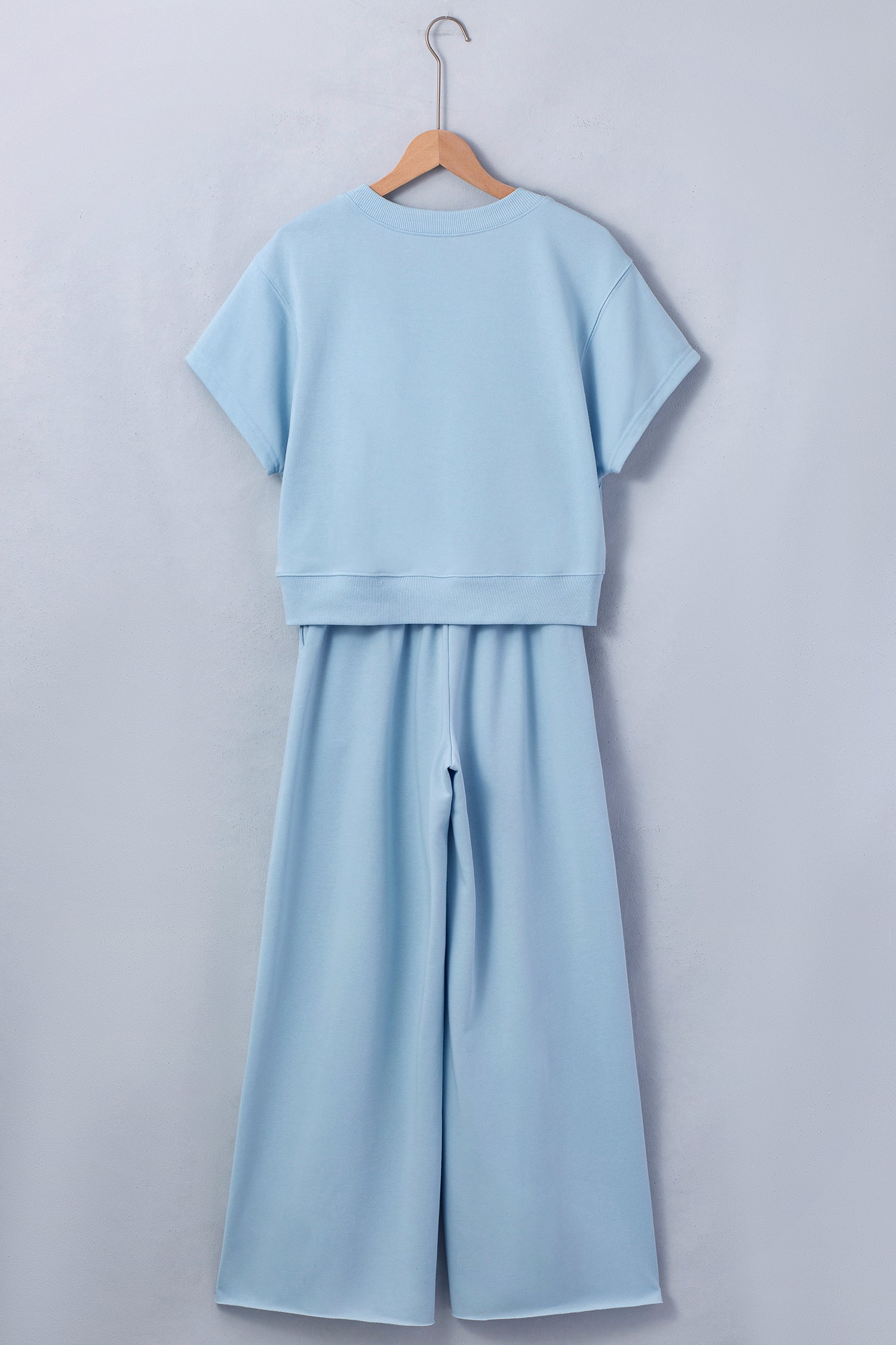 Mist Blue Solid Color Loose Tee Drawstring Wide Leg Pants 2pcs Outfit bb4594fda397bb29