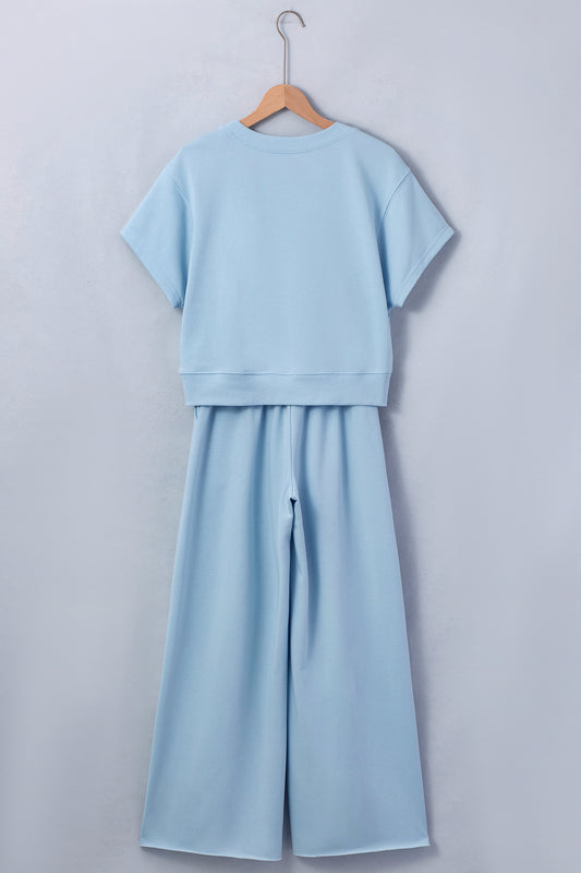Mist Blue Solid Color Loose Tee Drawstring Wide Leg Pants 2pcs Outfit bb4594fda397bb29