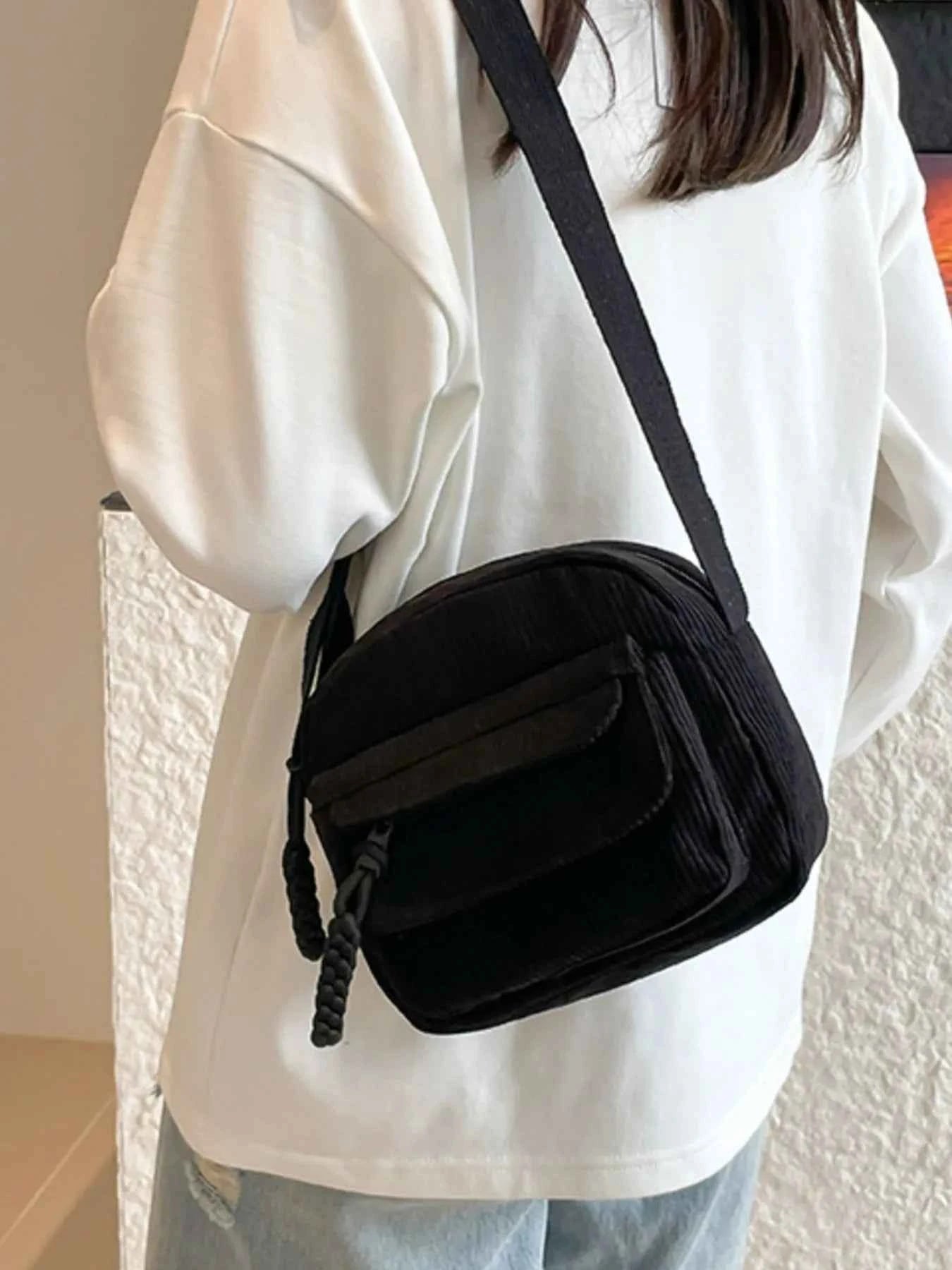 Corduroy Crossbody Bag with Adjustable Strap Black One Size bb476e6c-8a4d-469d-bae4-f7d4c5e3fbdd-Max-Origin