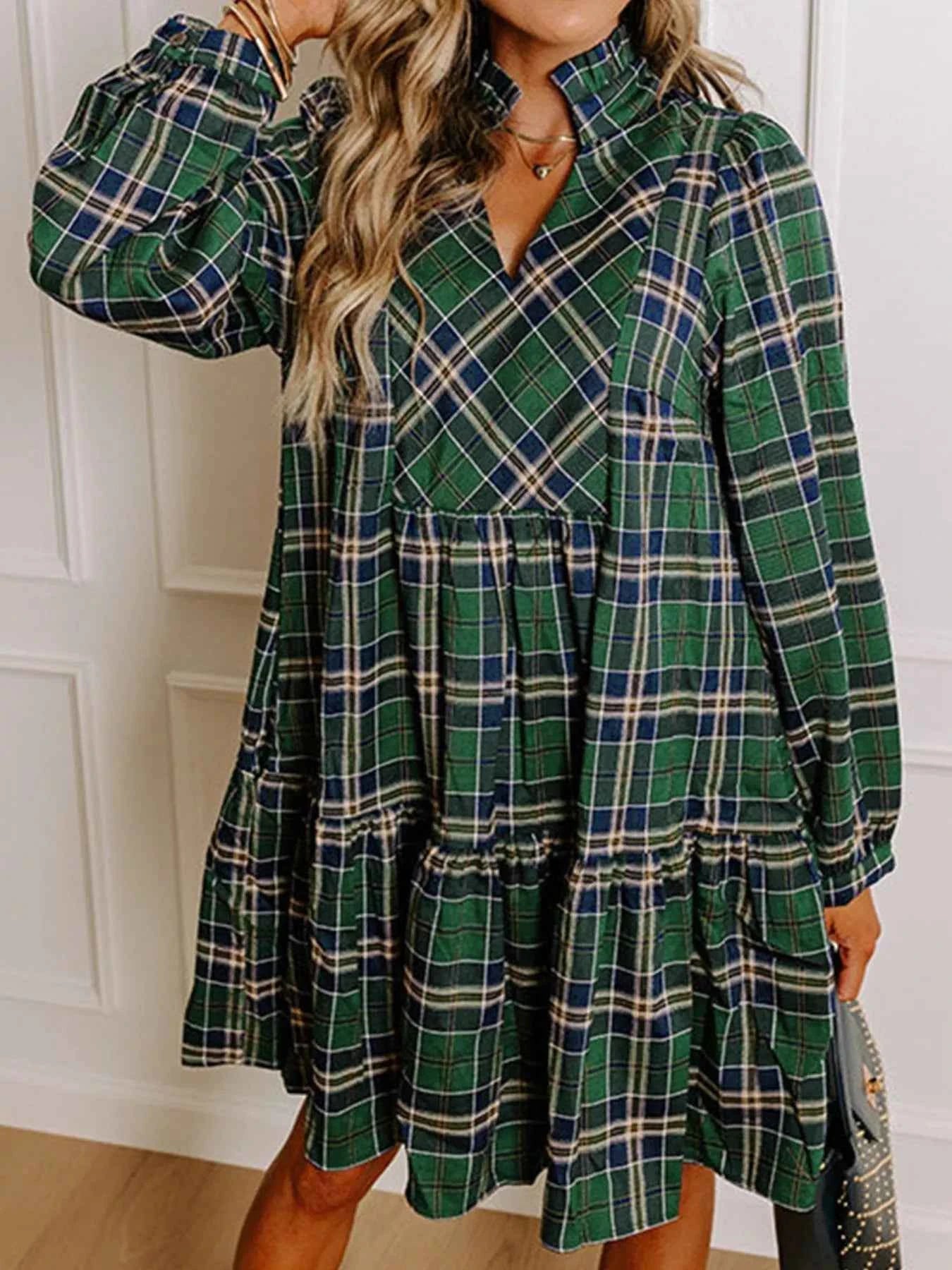 Plaid Frilly Collar Long Sleeve Shift Mini Dress Dark Green bb4a701b-1789-4edb-9088-7d9478572d6a-Max-Origin