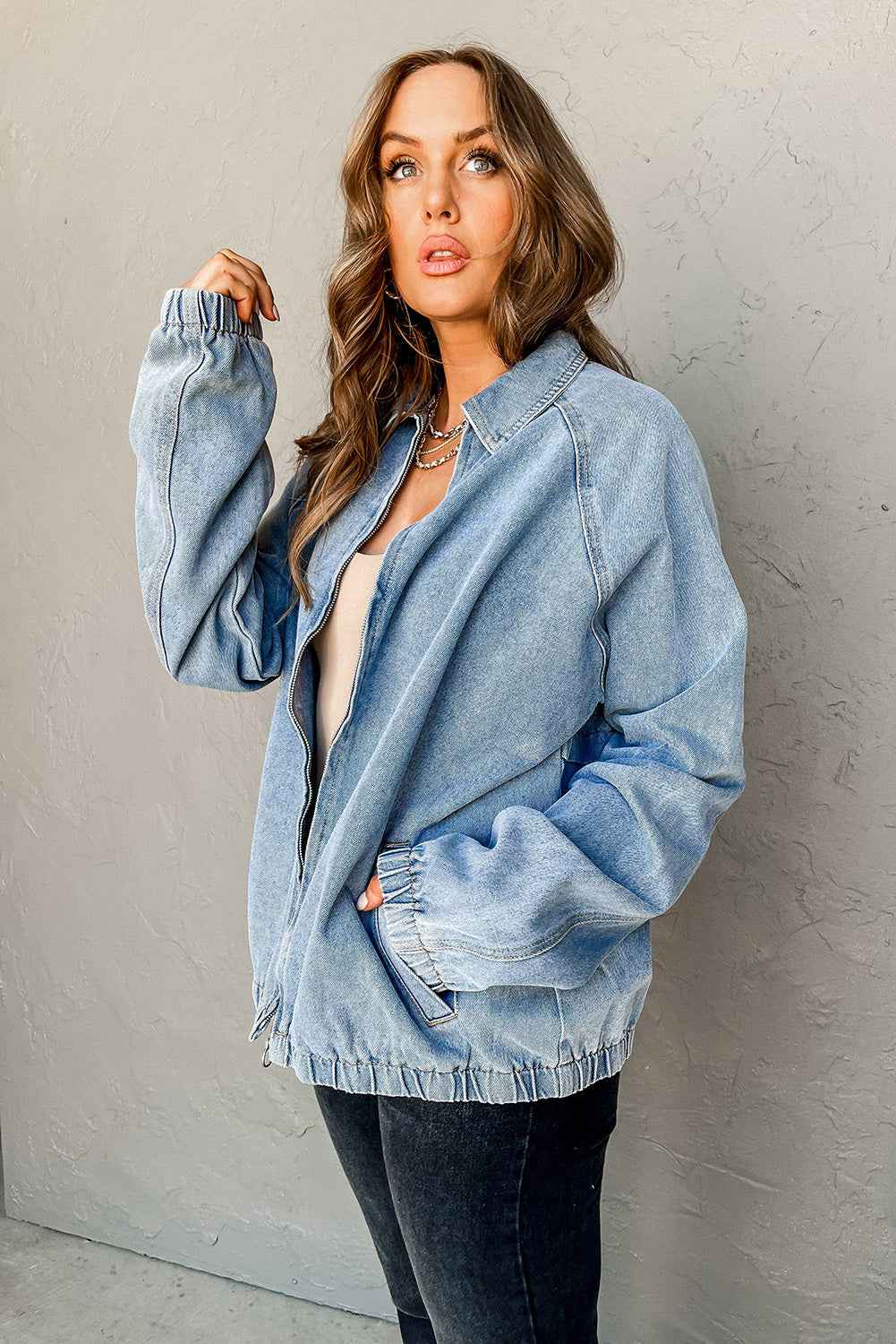 Myosotis Elastic Hem Collared Zip Up Denim Jacket bb4c41d0f8109aff
