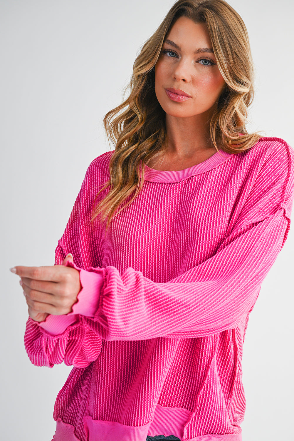 Strawberry Pink Twisted Ribbed Seamed Patchwork Long Sleeve Top bb521e2a74ab86ee