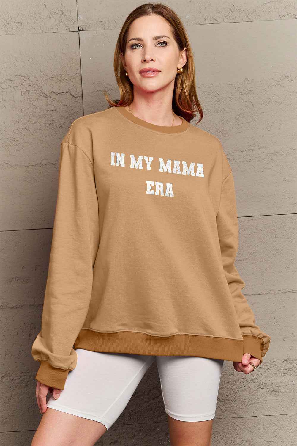 Simply Love Full Size IN MY MAMA EAR Graphic Sweatshirt Tan bb58a59533534f30af6180d5a9155087-Max