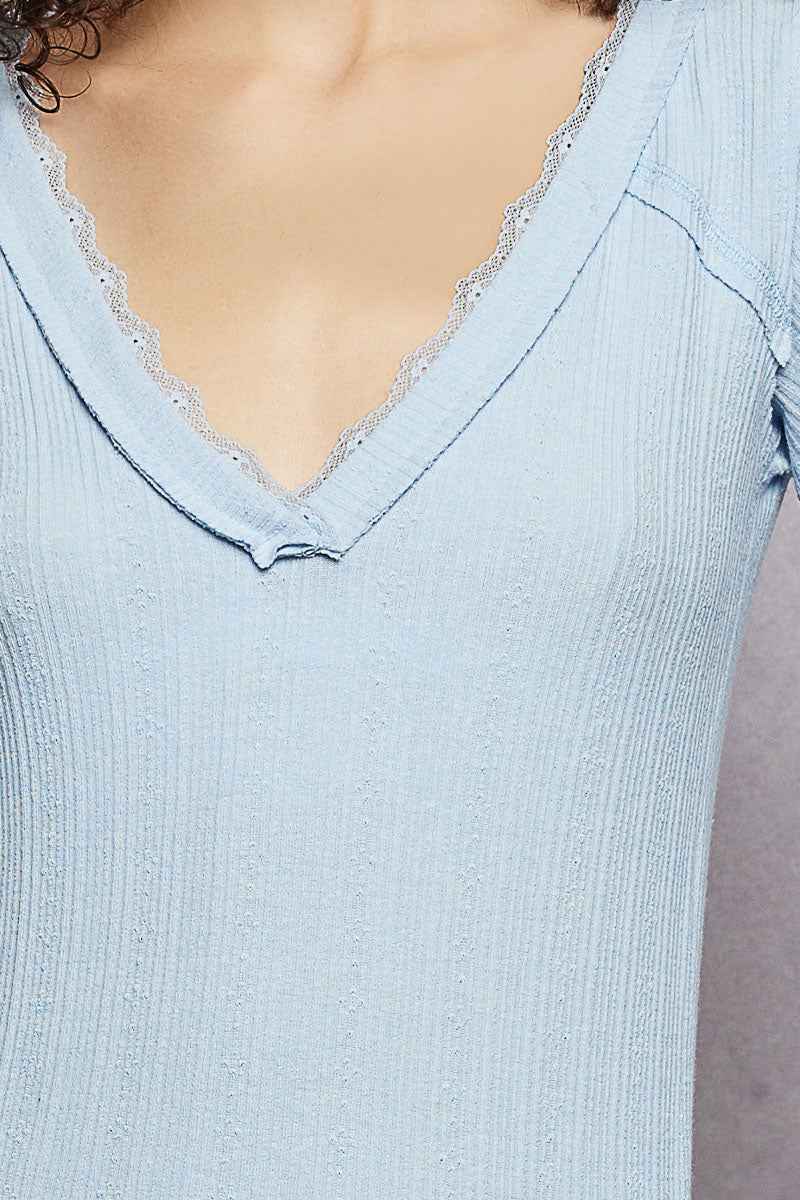 POL V-Neck Long Sleeve Ribbed Top with Lace-Accent Neckband bb58ef78-3e22-43e7-bbb2-9c3c49a79e1e-Max