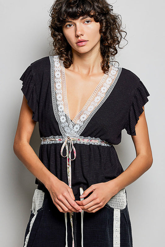 POL Tied Ruffled V-Neck Short Sleeve Blouse with Lace Detail BLACK bb5b4c07-a14a-4d90-8b74-5005870ba8ba-Max