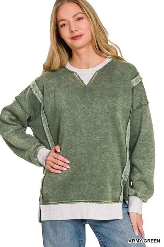 Fleece Acid Washed Contrast Trim Sweatshirt ARMY GREEN bb5ba7a1-5720-41cc-ae62-466e191dae60-Max-Origin