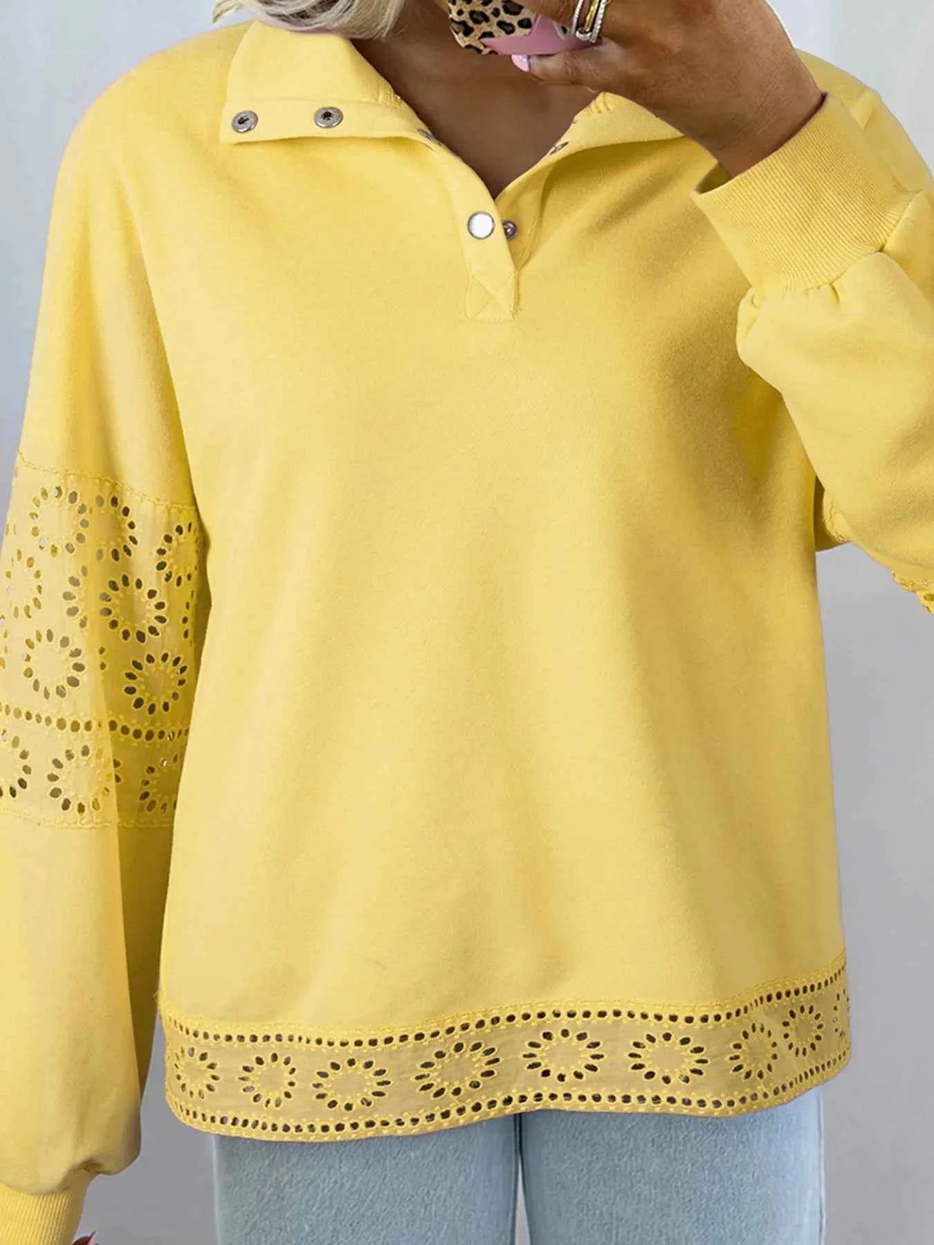 Eyelet Lace Detail Snap Down Sweatshirt bb615ddd-8735-431b-a72c-598b17f37bc3-Max-Origin