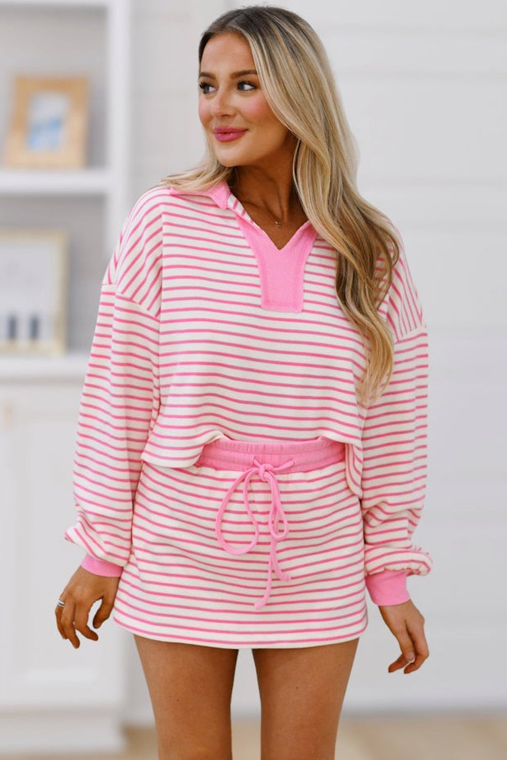 Green Striped Collared V Neck Drop Shoulder Pullover and Skirt Set bb6a78fee96d4d12